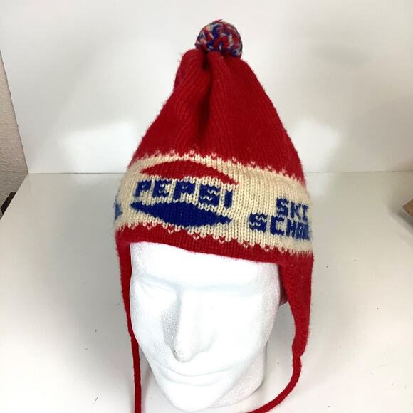 Vtg 1970s Pepsi Ski School Knit Beanie Hat Cap Red White Blue Pom Pom Winter USA - Picture 3 of 11